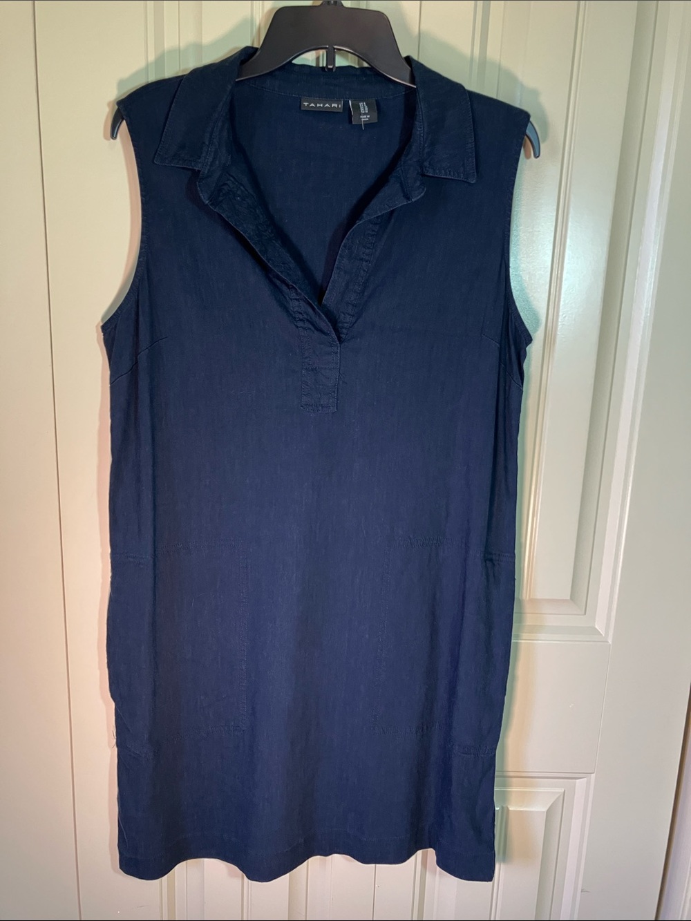 Tahari Navy Sleeveless Linen  Dress